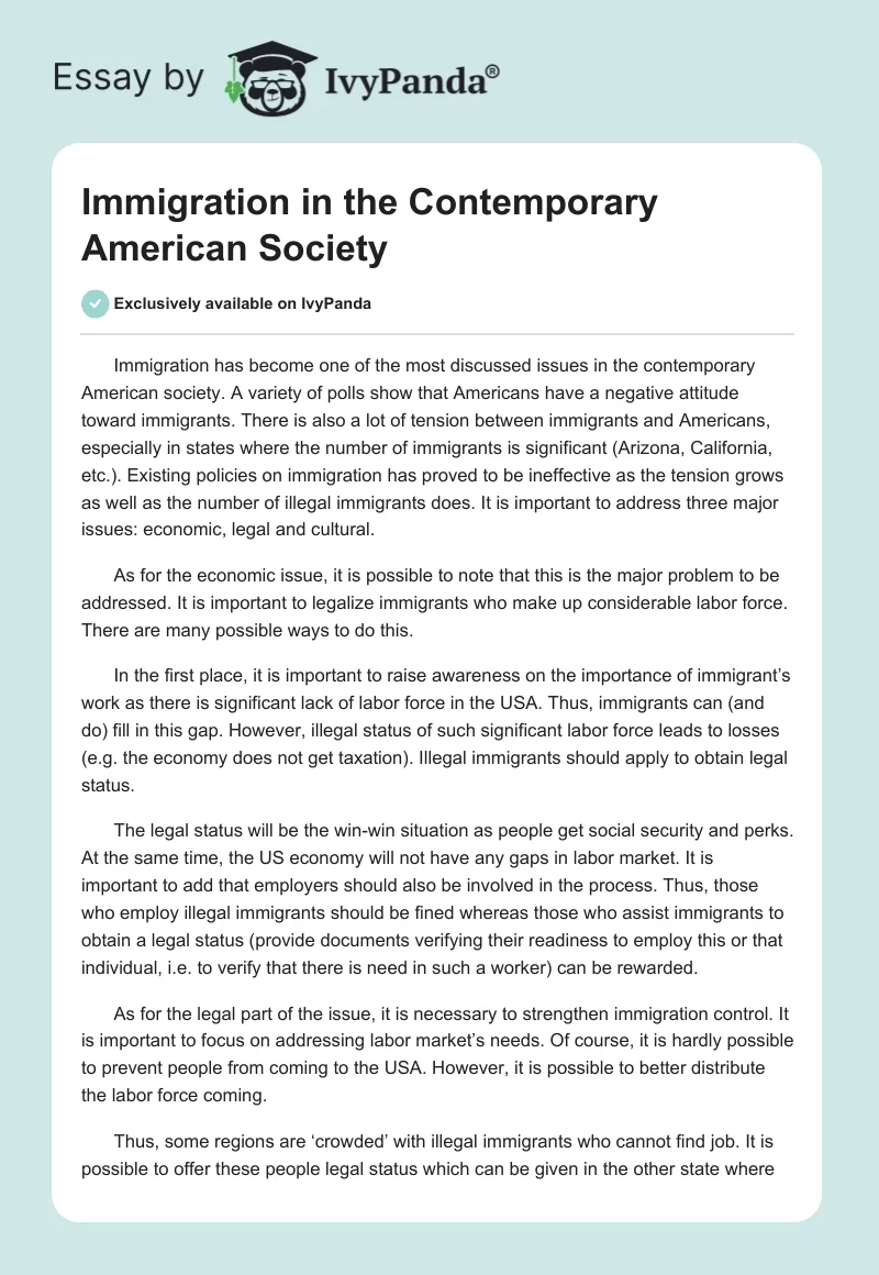 Immigration in the Contemporary American Society. Page 1
