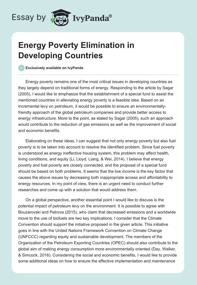 Energy Poverty Elimination in Developing Countries. Page 1