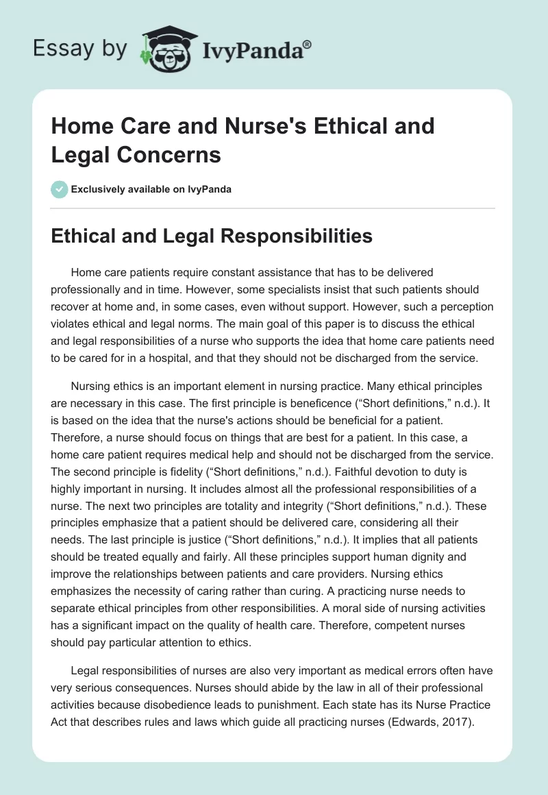 Home Care and Nurse's Ethical and Legal Concerns. Page 1