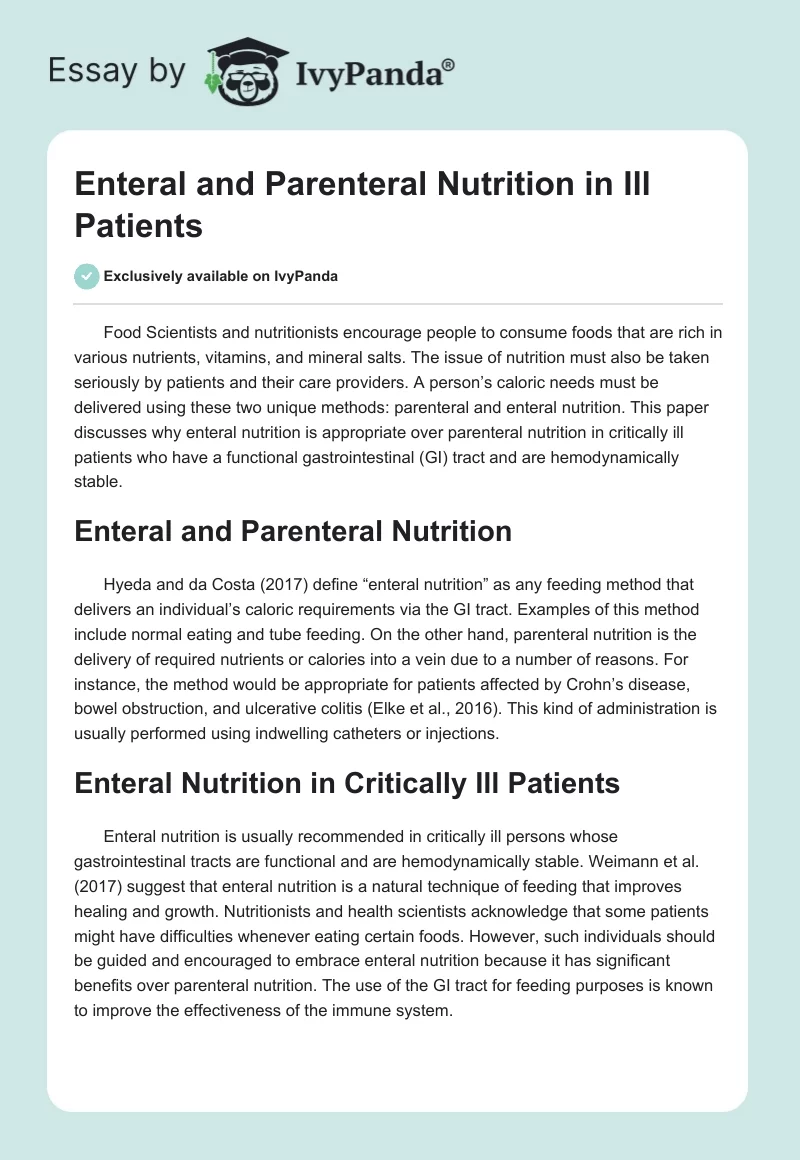 Enteral and Parenteral Nutrition in Ill Patients. Page 1