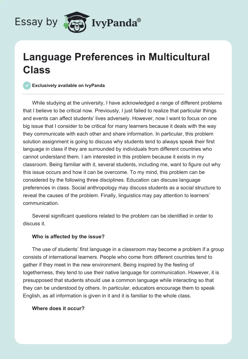 Language Preferences in Multicultural Class. Page 1