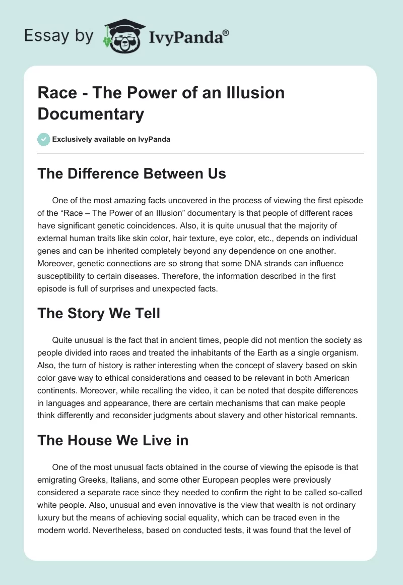 "Race - The Power of an Illusion" Documentary. Page 1