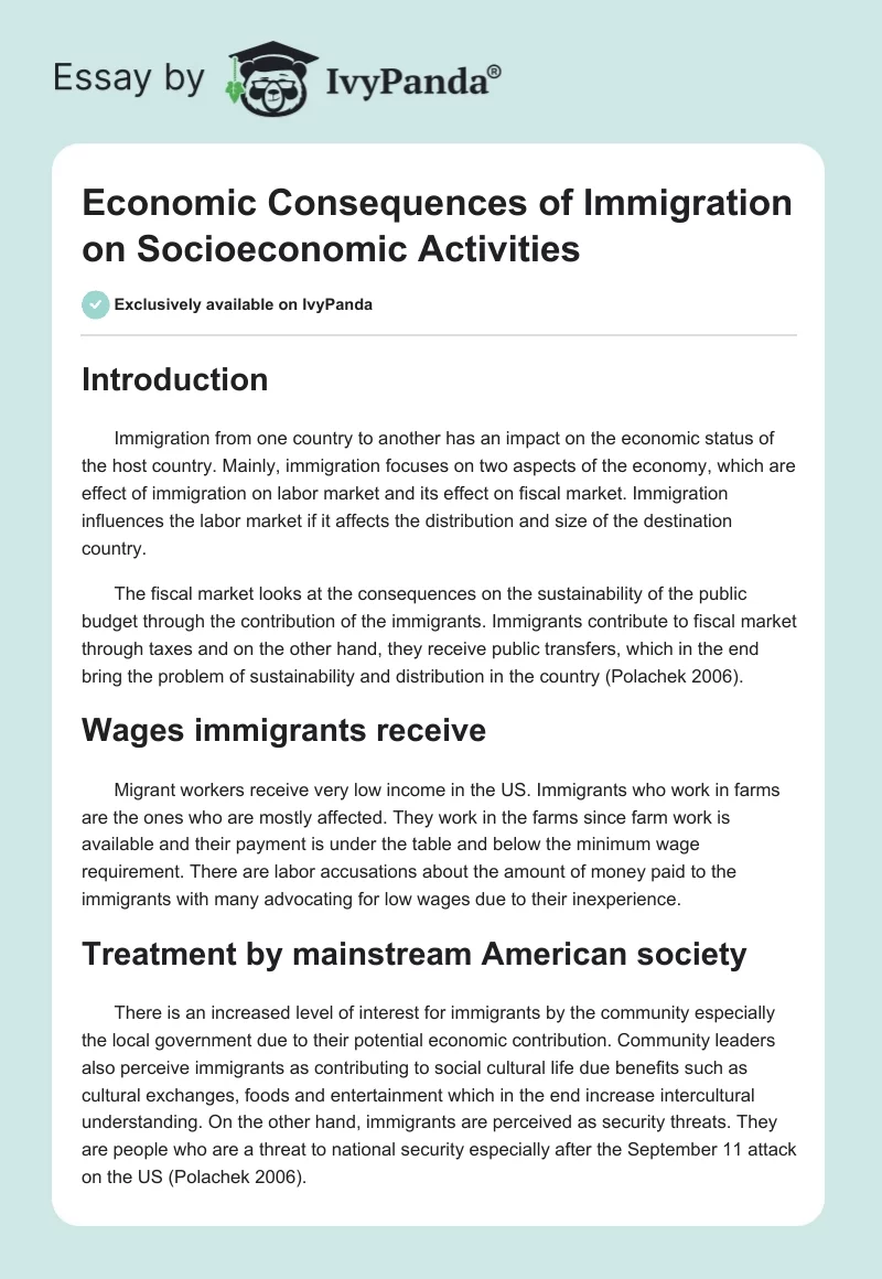 Economic Consequences of Immigration on Socioeconomic Activities. Page 1