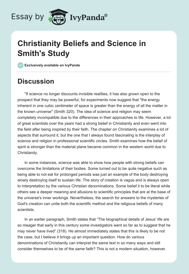 Christianity Beliefs and Science in Smith's Study. Page 1