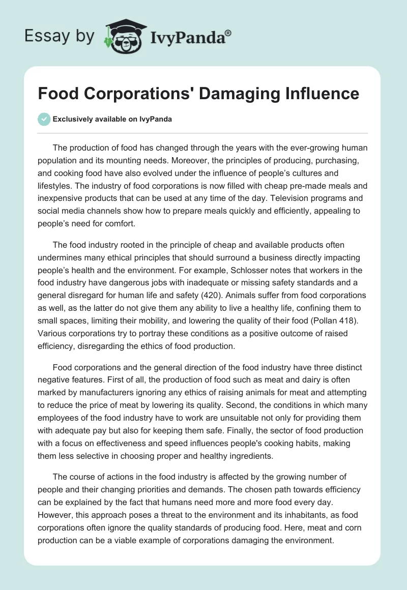 Food Corporations' Damaging Influence. Page 1