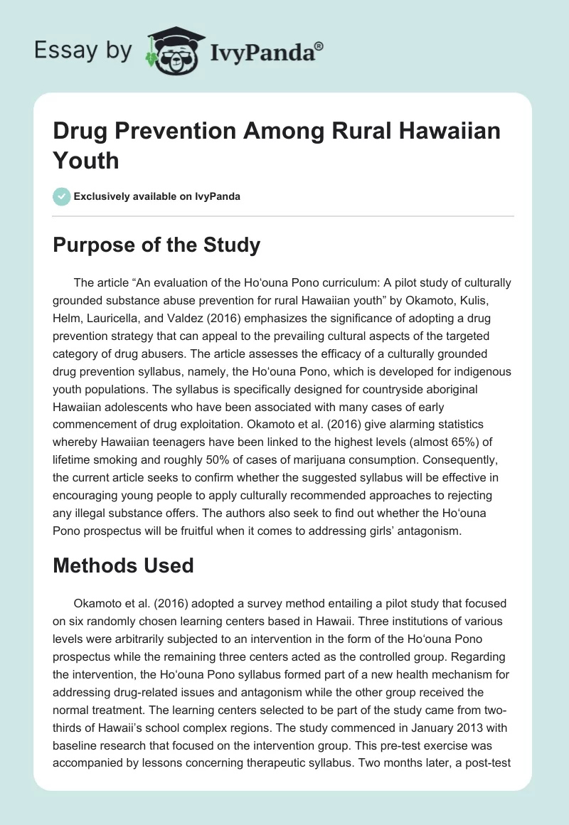 Drug Prevention Among Rural Hawaiian Youth. Page 1