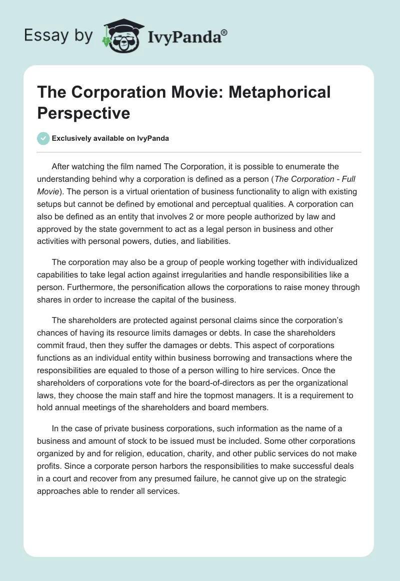 "The Corporation" Movie: Metaphorical Perspective. Page 1