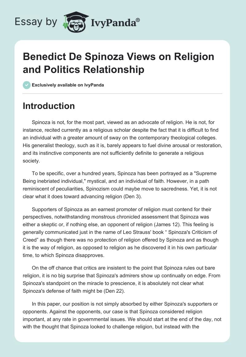 Benedict De Spinoza Views on Religion and Politics Relationship. Page 1
