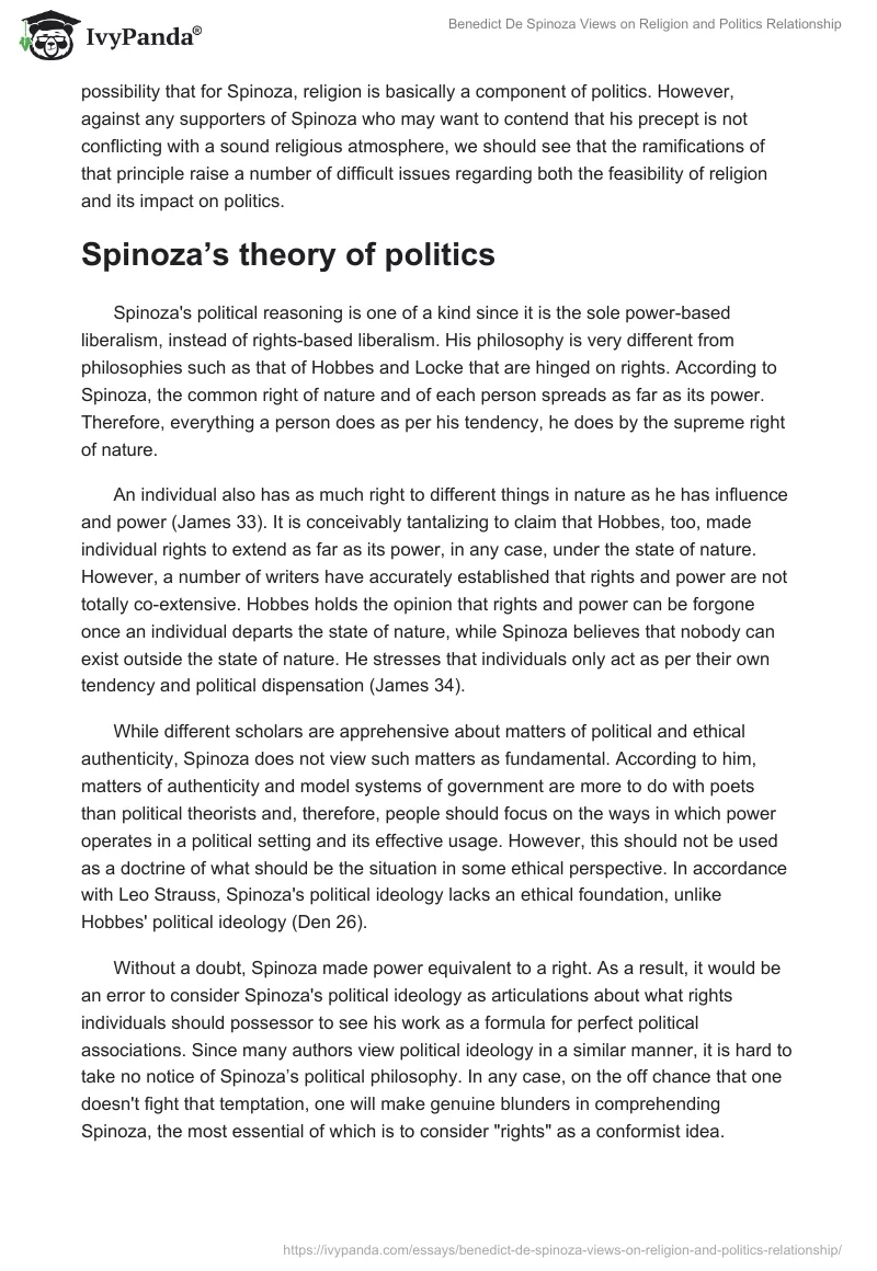 Benedict De Spinoza Views on Religion and Politics Relationship. Page 2