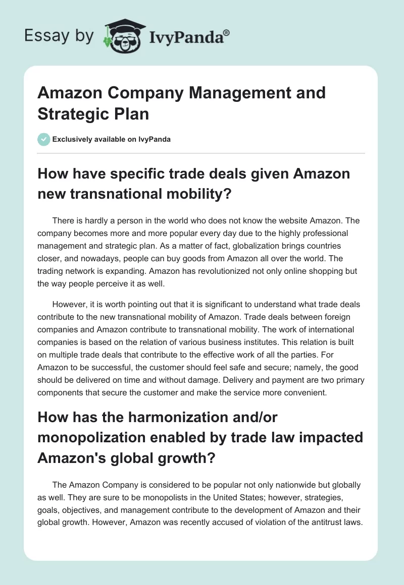 Amazon Company Management and Strategic Plan. Page 1