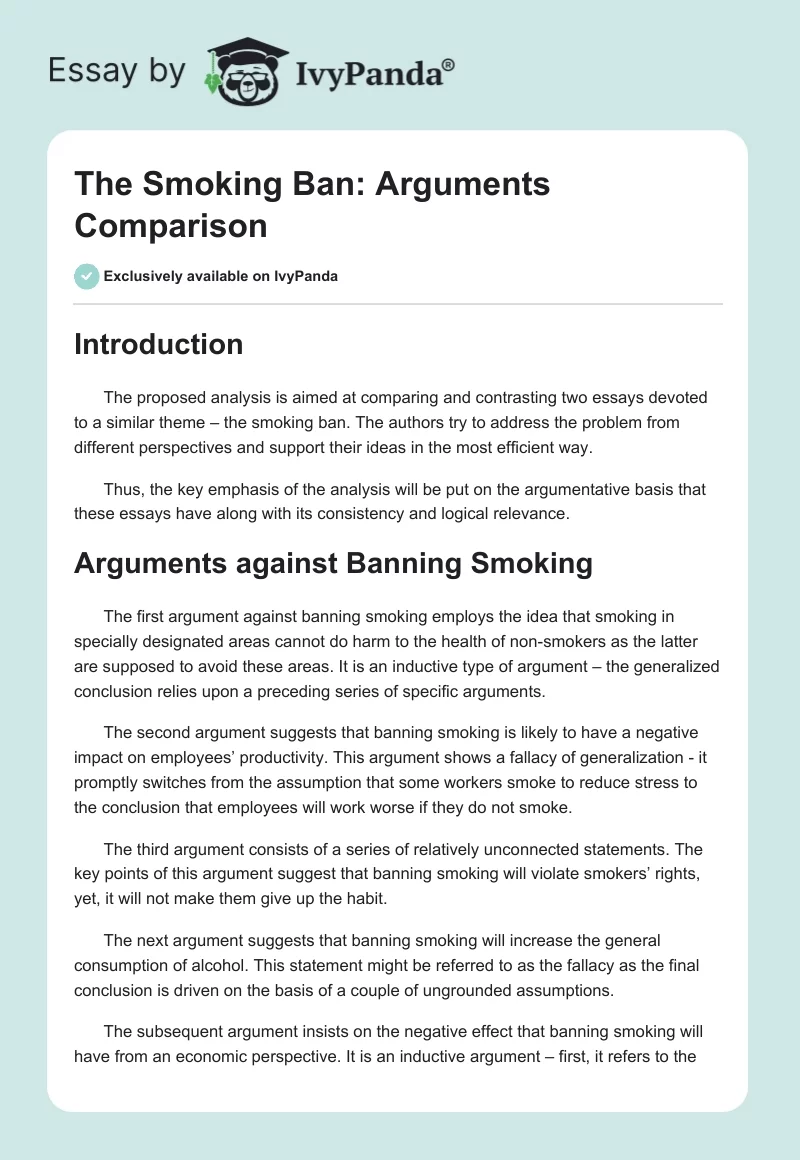 The Smoking Ban: Arguments Comparison. Page 1