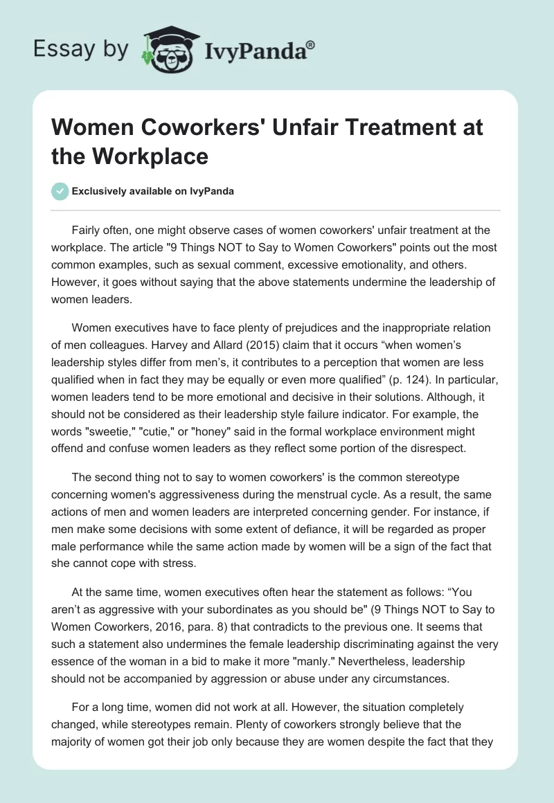 Women Coworkers' Unfair Treatment at the Workplace. Page 1