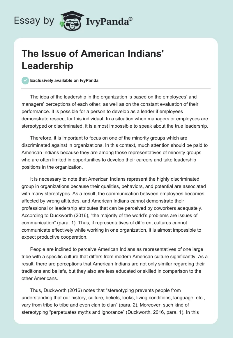 The Issue of American Indians' Leadership. Page 1