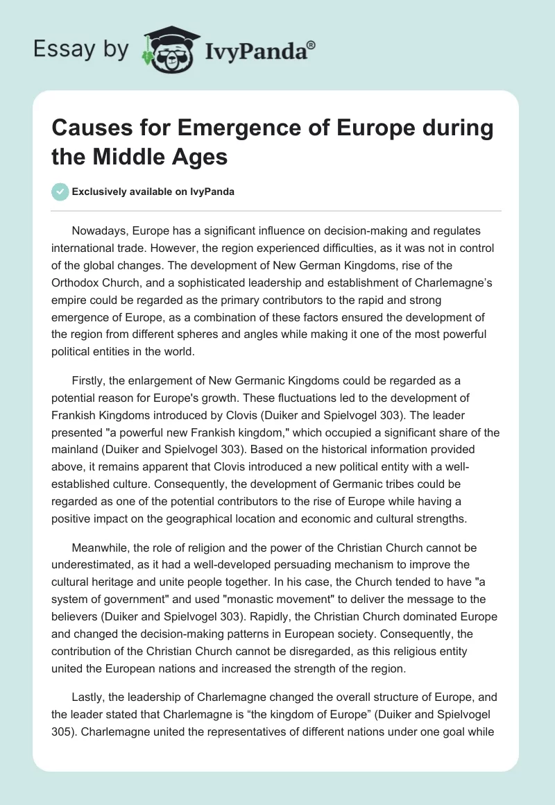 Causes for Emergence of Europe during the Middle Ages. Page 1