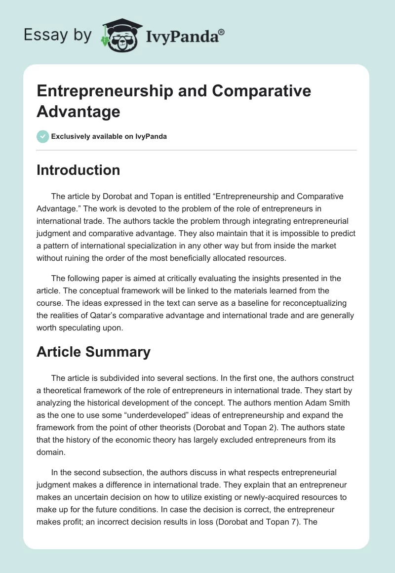 Entrepreneurship and Comparative Advantage. Page 1
