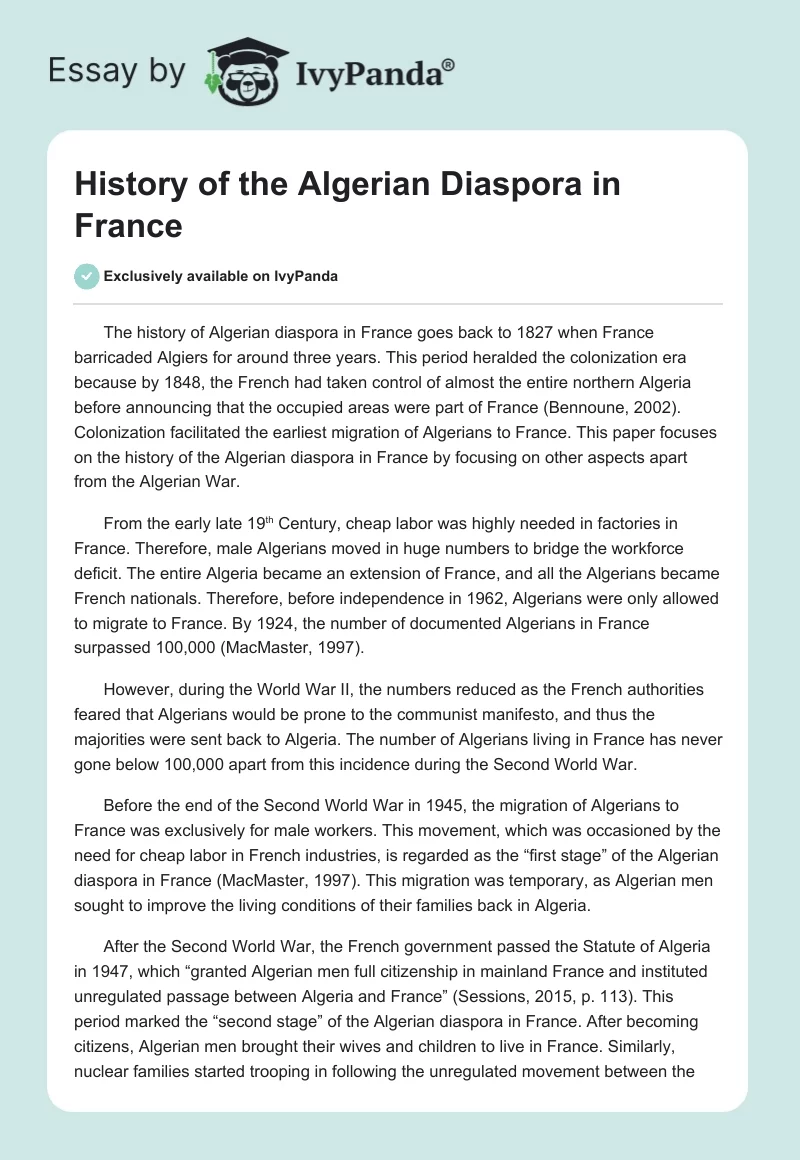 History of the Algerian Diaspora in France. Page 1