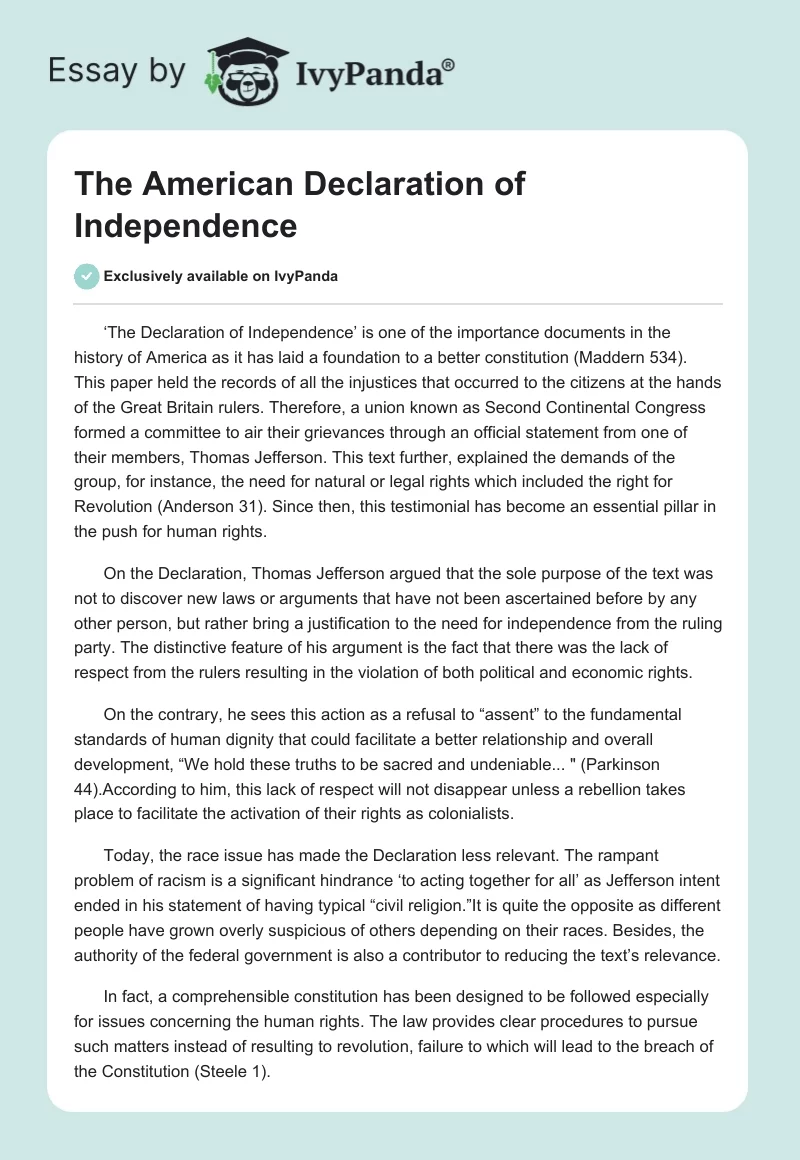 The American Declaration of Independence. Page 1