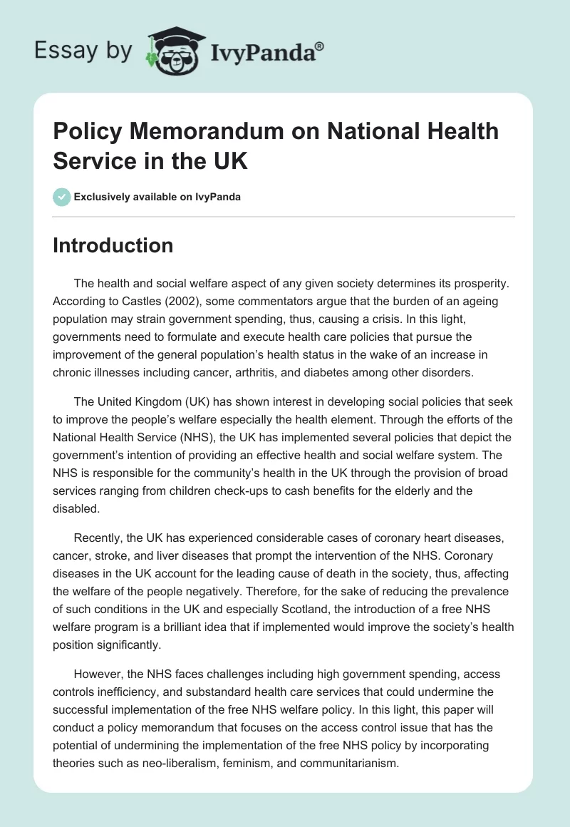 Policy Memorandum on National Health Service in the UK. Page 1