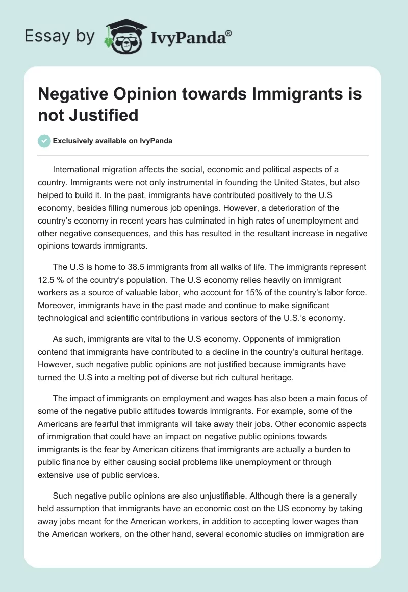 Negative Opinion towards Immigrants is not Justified. Page 1