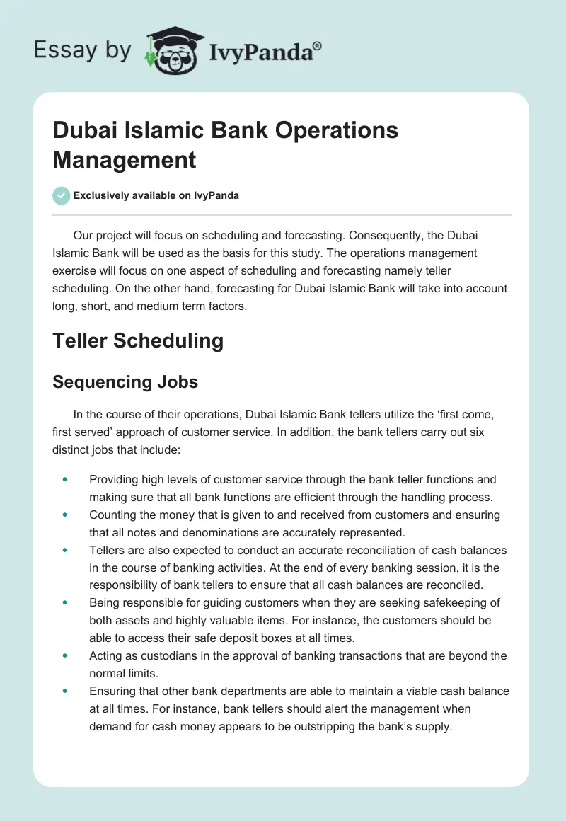 Dubai Islamic Bank: Operations Management - 1033 Words | Assessment Example
