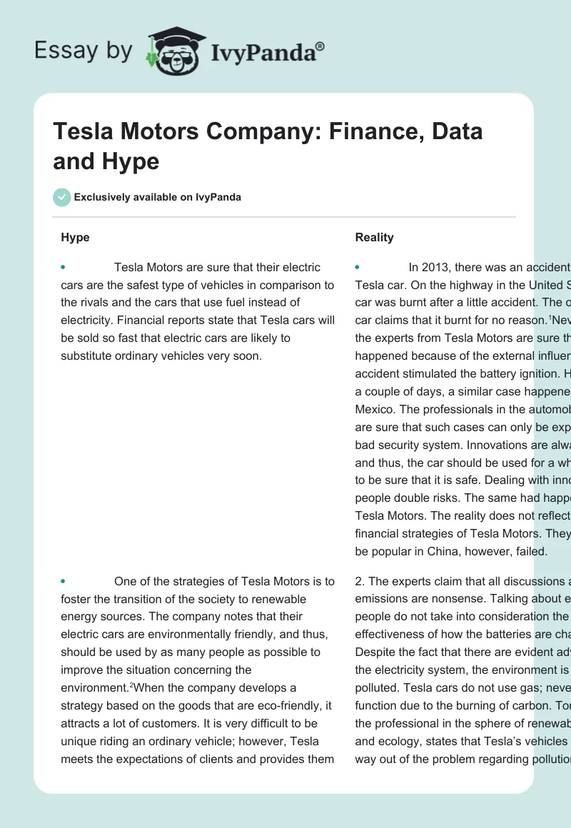 Tesla Motors Company: Finance, Data and Hype. Page 1