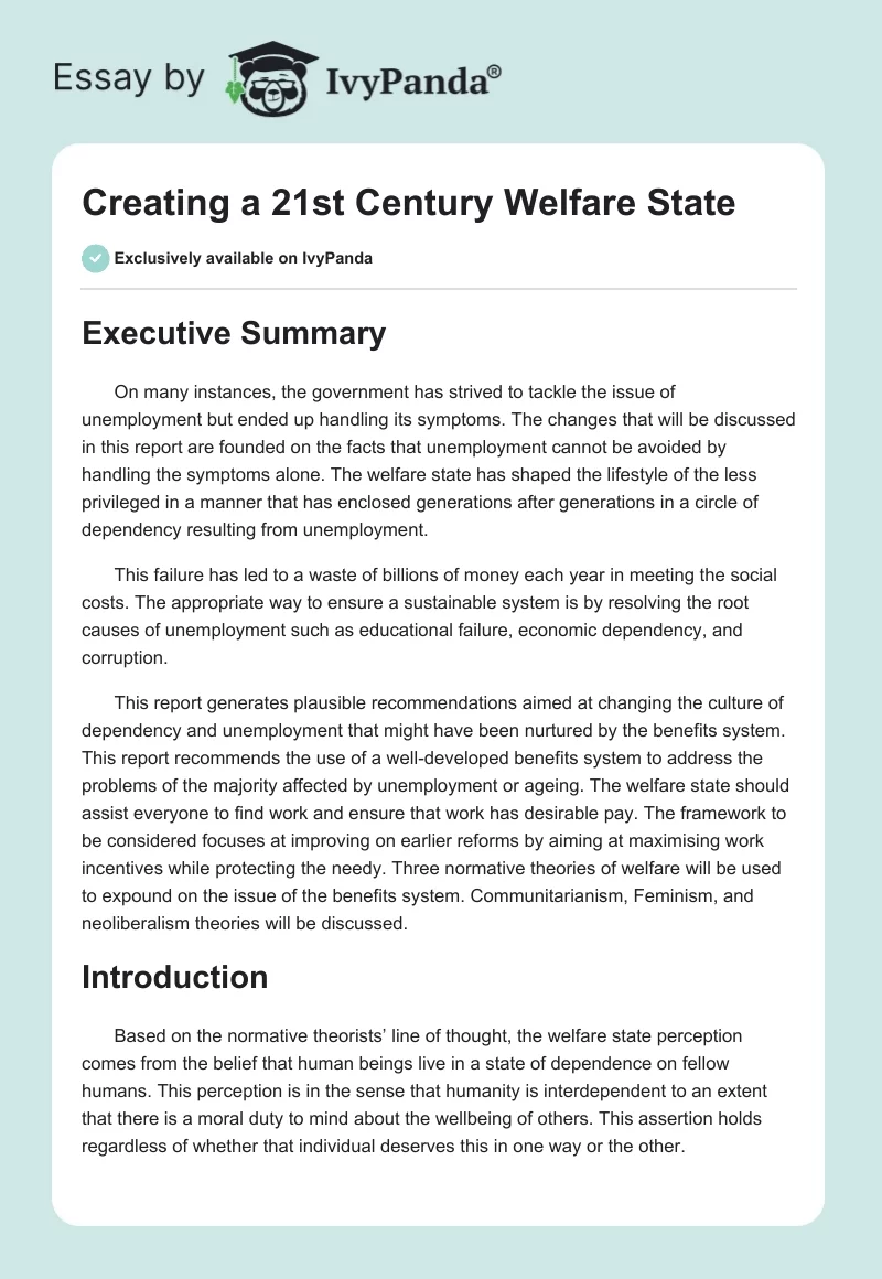 Creating a 21st Century Welfare State. Page 1