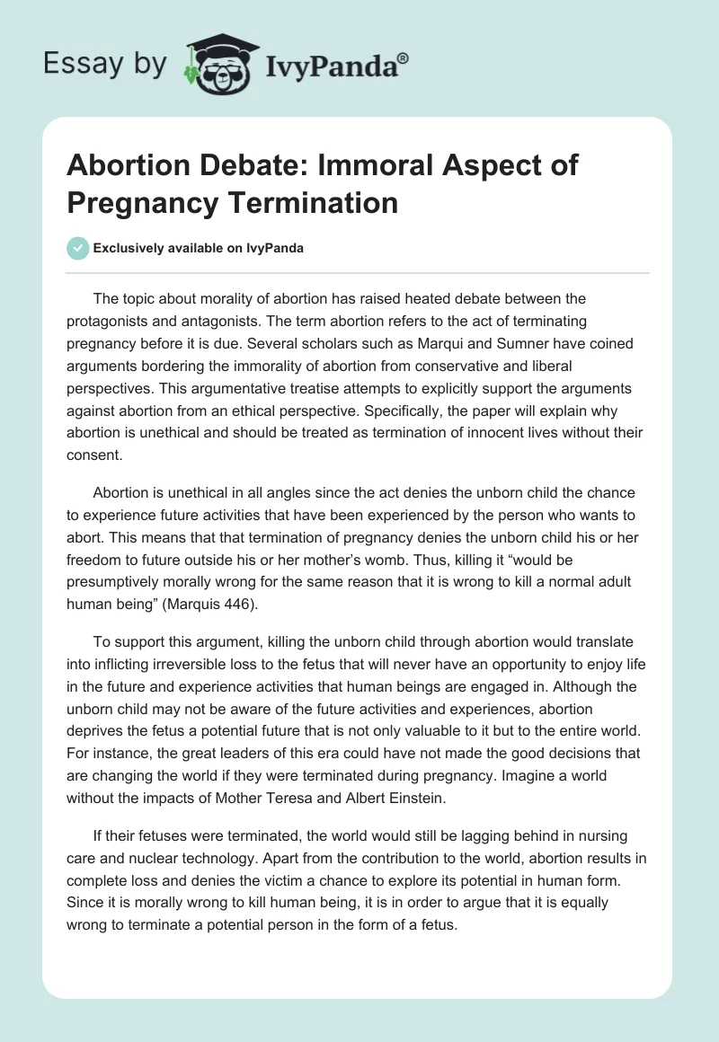 Abortion Debate: Immoral Aspect of Pregnancy Termination. Page 1