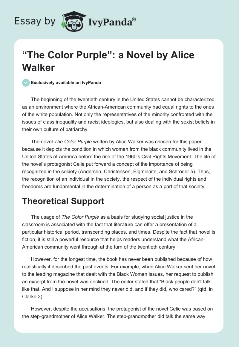 “The Color Purple”: a Novel by Alice Walker. Page 1