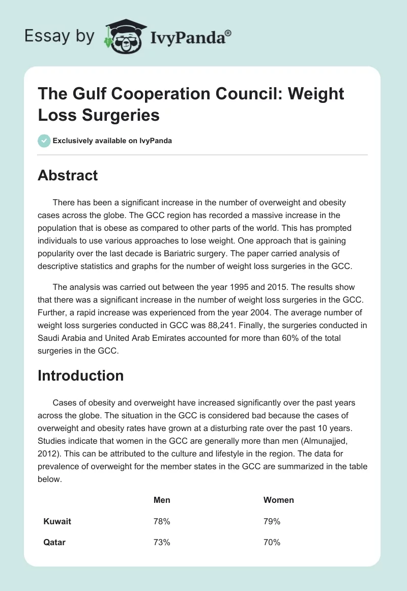 The Gulf Cooperation Council: Weight Loss Surgeries. Page 1