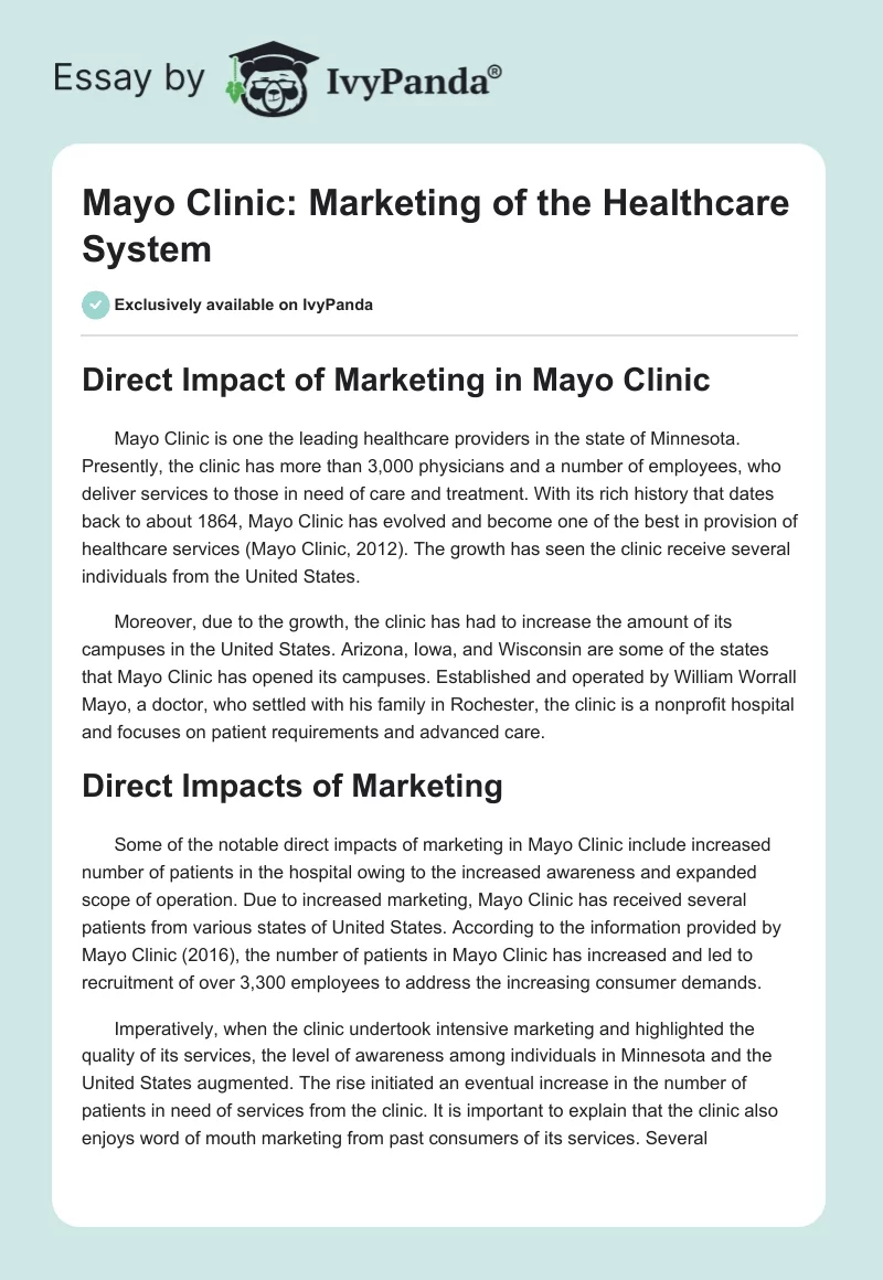 Mayo Clinic: Marketing of the Healthcare System. Page 1