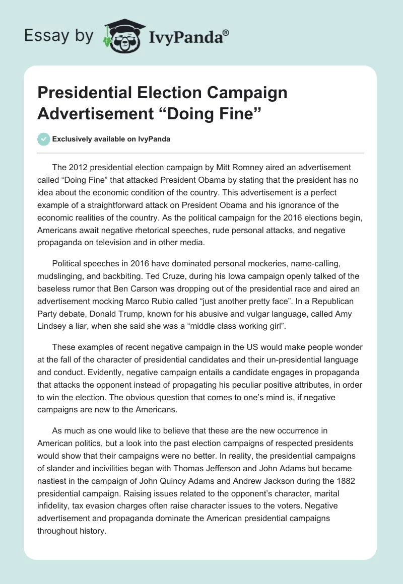 Presidential Election Campaign Advertisement “Doing Fine”. Page 1