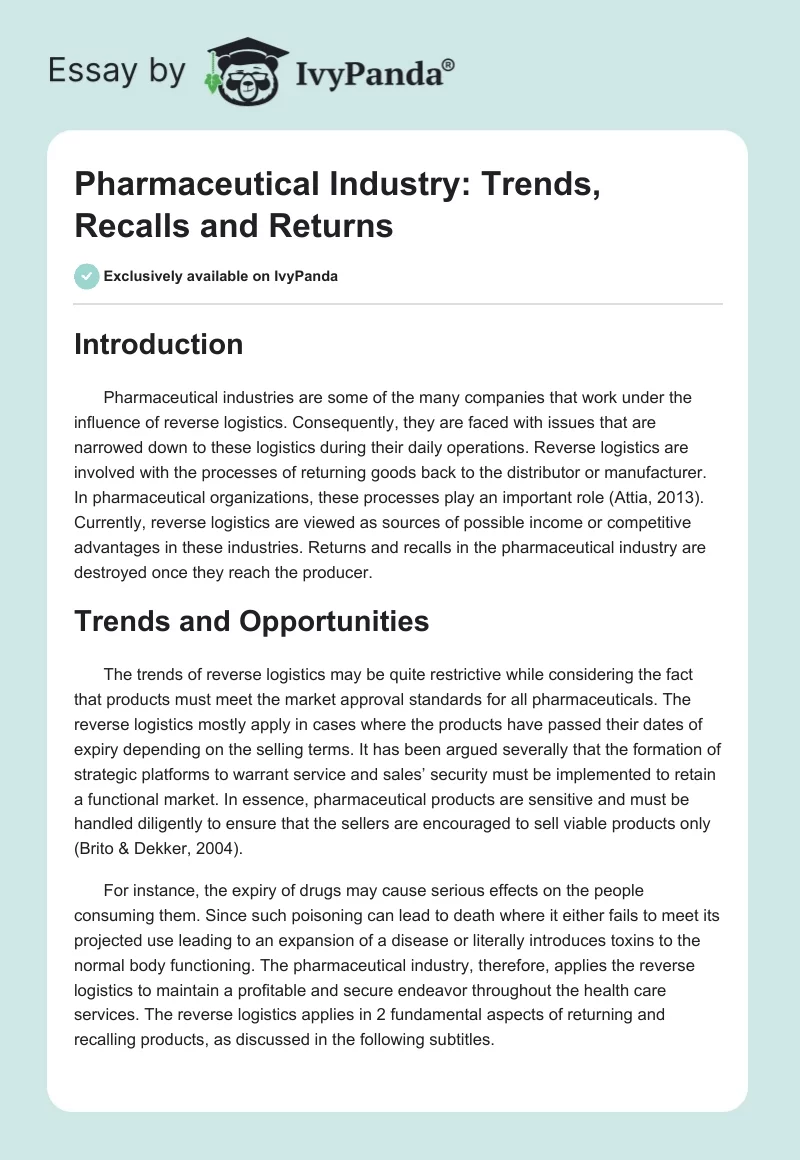 Pharmaceutical Industry: Trends, Recalls and Returns. Page 1