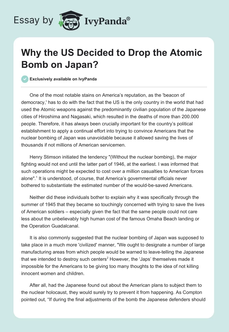Why the US Decided to Drop the Atomic Bomb on Japan?. Page 1