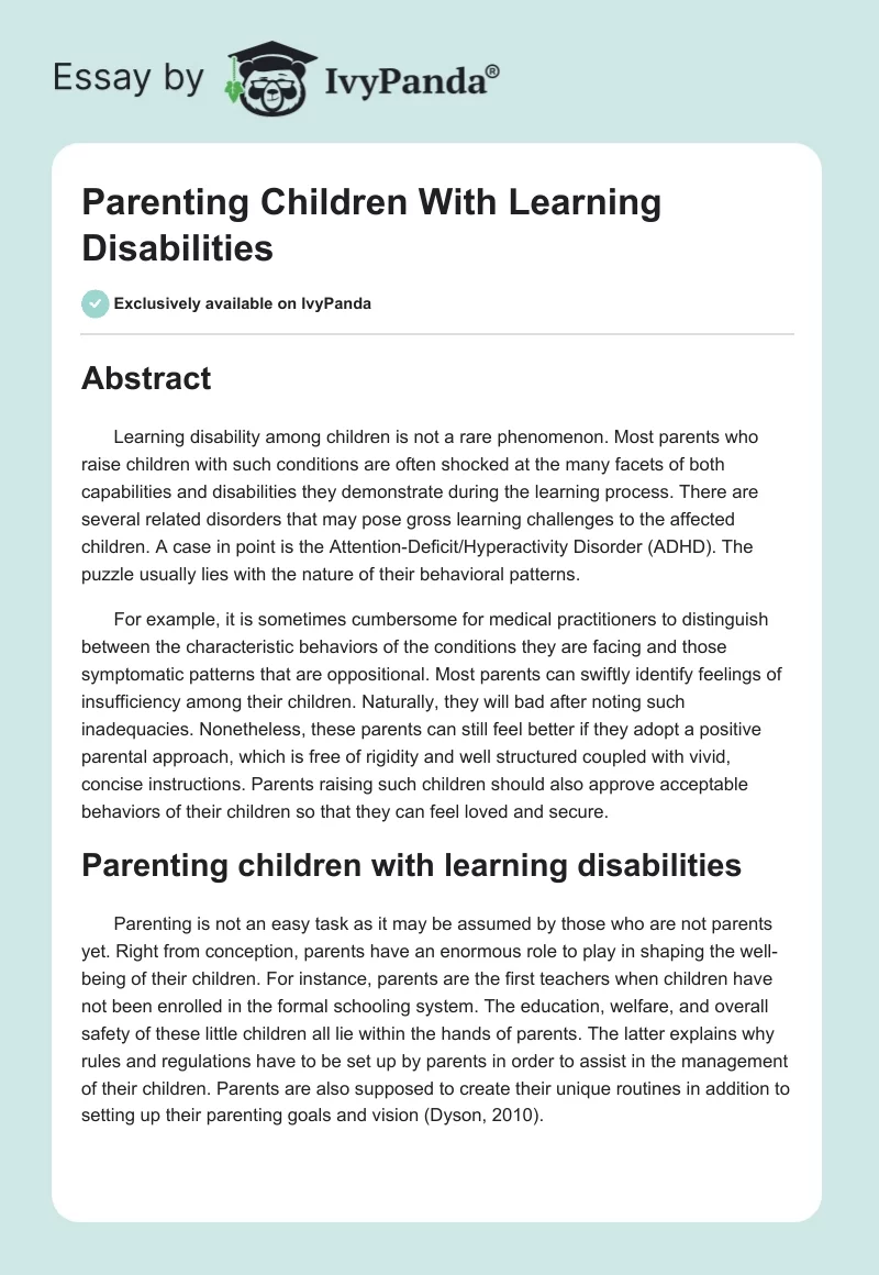 Parenting Children With Learning Disabilities. Page 1