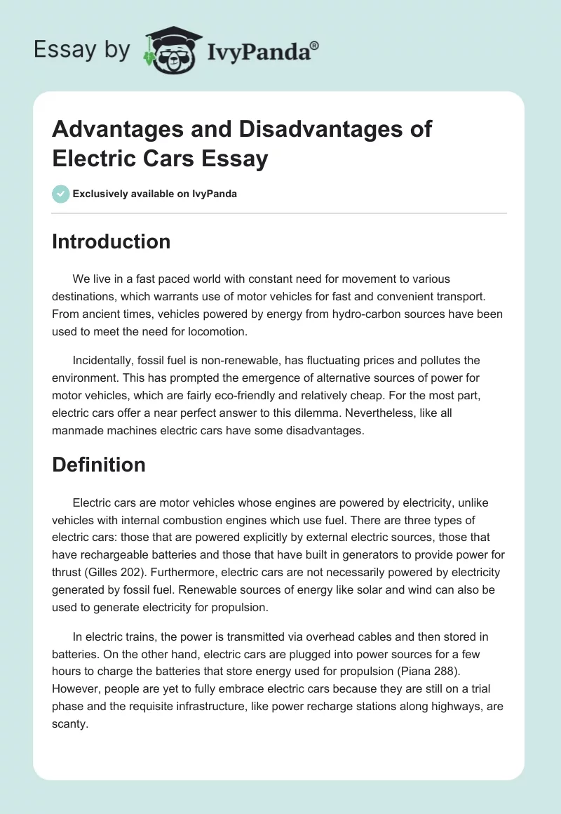 Advantages and Disadvantages of Electric Cars Essay. Page 1
