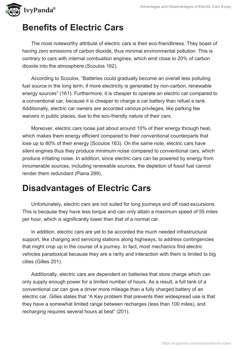 Advantages and Disadvantages of Electric Cars Essay Example