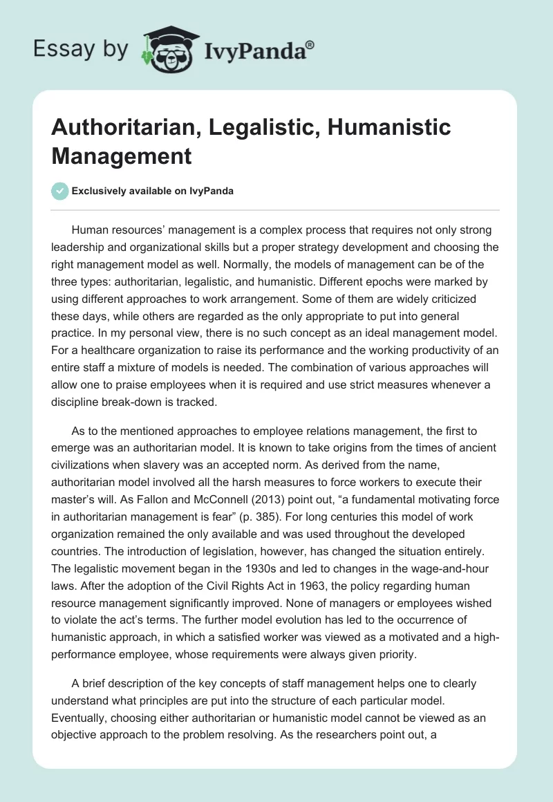 Authoritarian, Legalistic, Humanistic Management. Page 1