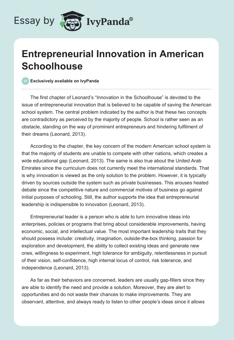 Entrepreneurial Innovation in American Schoolhouse. Page 1