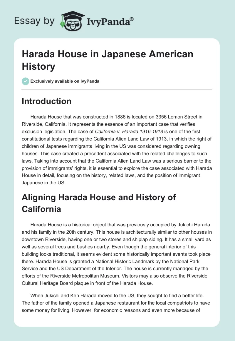 Harada House in Japanese American History. Page 1
