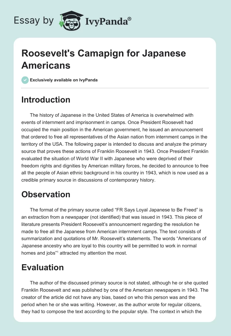 Roosevelt's Camapign for Japanese Americans. Page 1
