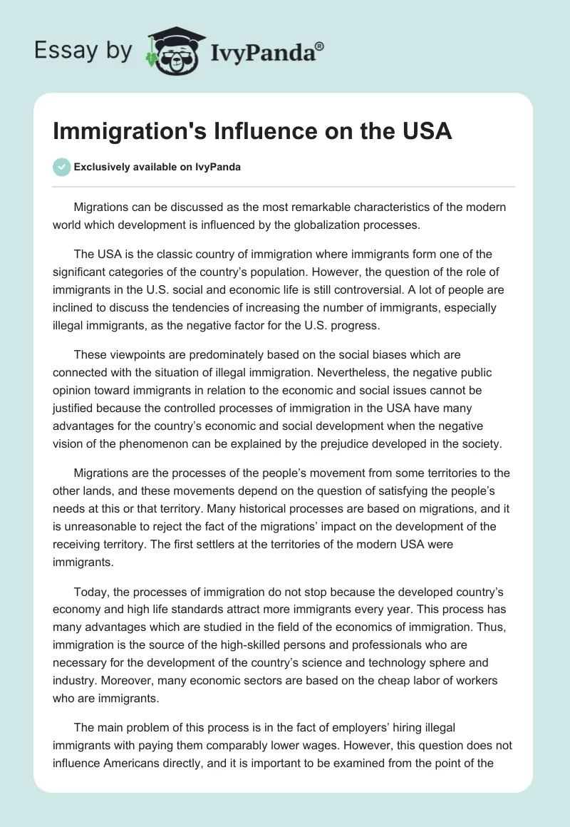 Immigration's Influence on the USA. Page 1