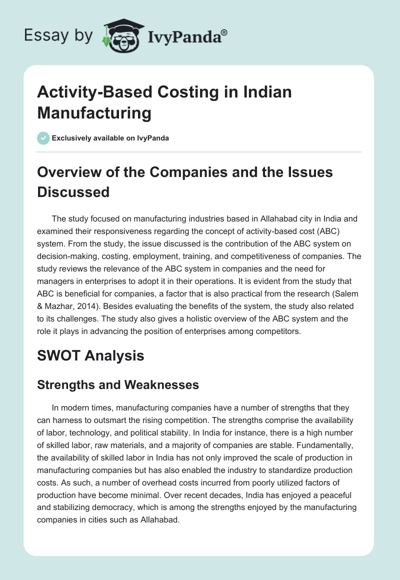 Activity-Based Costing in Indian Manufacturing. Page 1