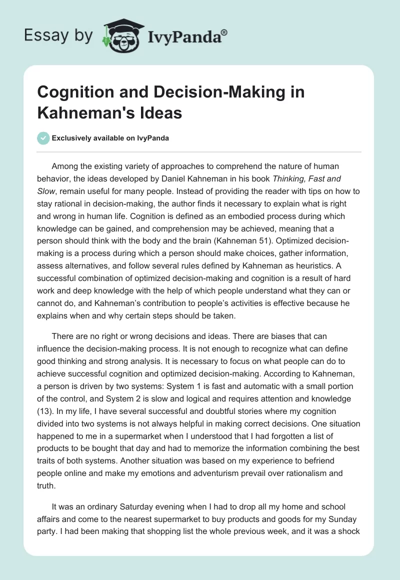 Cognition and Decision-Making in Kahneman's Ideas. Page 1