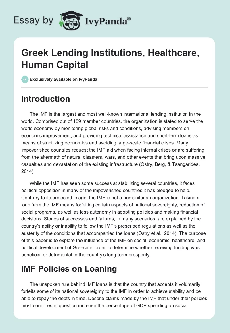 Greek Lending Institutions, Healthcare, Human Capital. Page 1