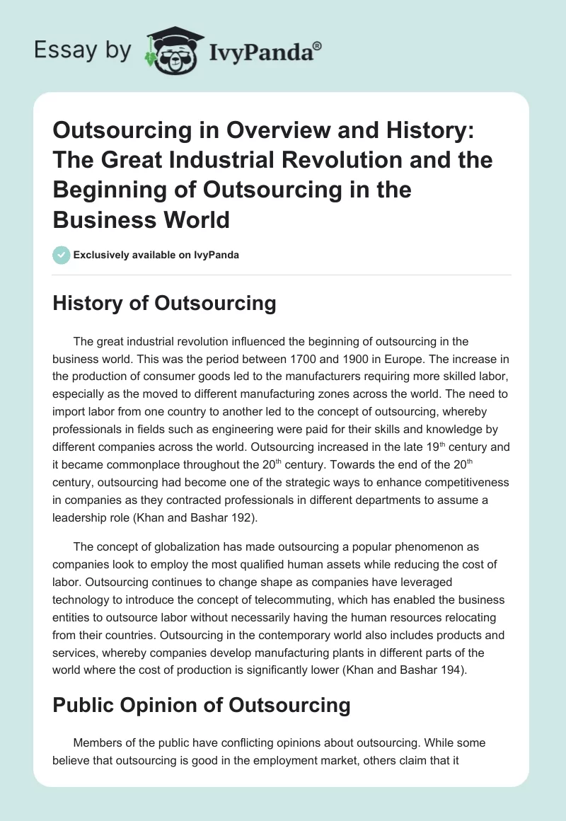Outsourcing in Overview and History: The Great Industrial Revolution and the Beginning of Outsourcing in the Business World. Page 1
