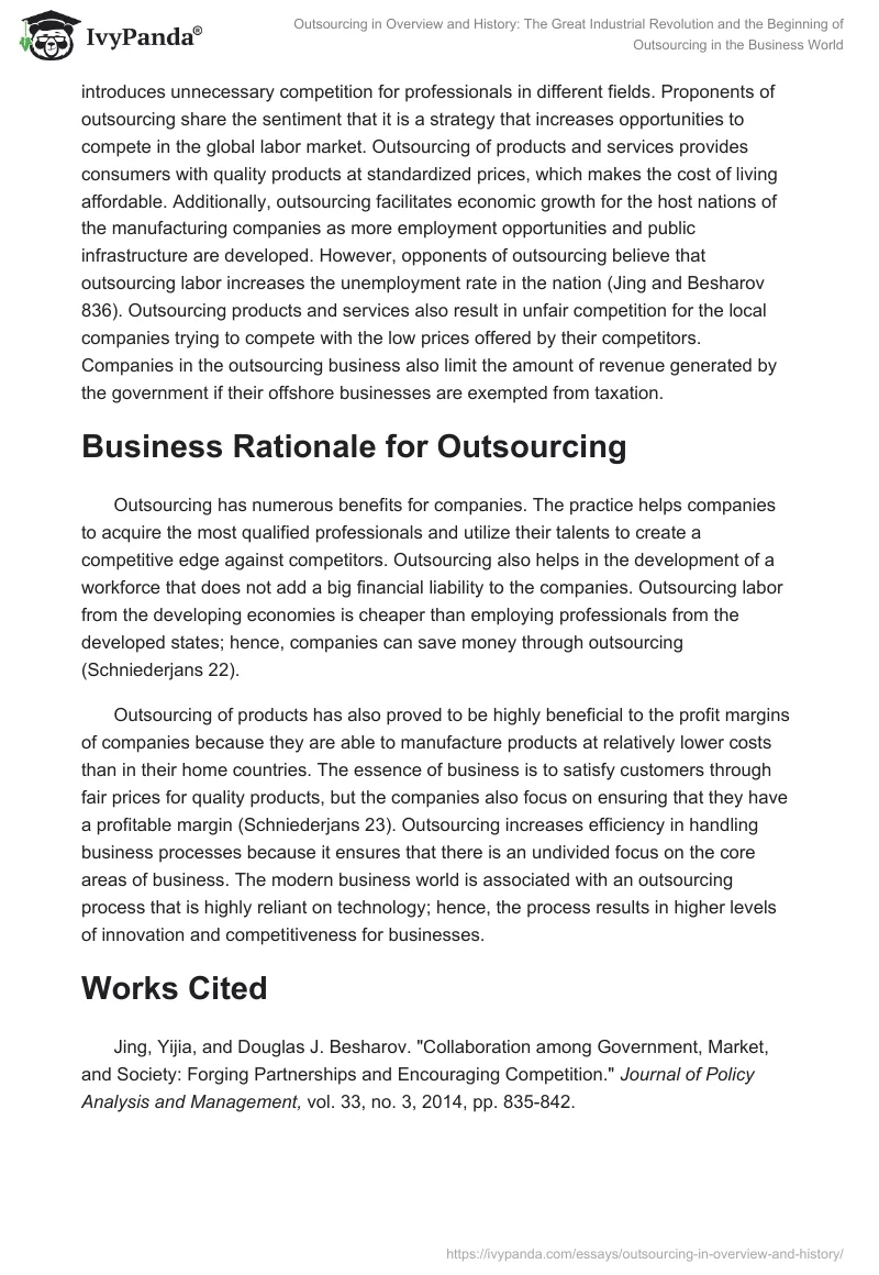 Outsourcing in Overview and History: The Great Industrial Revolution and the Beginning of Outsourcing in the Business World. Page 2
