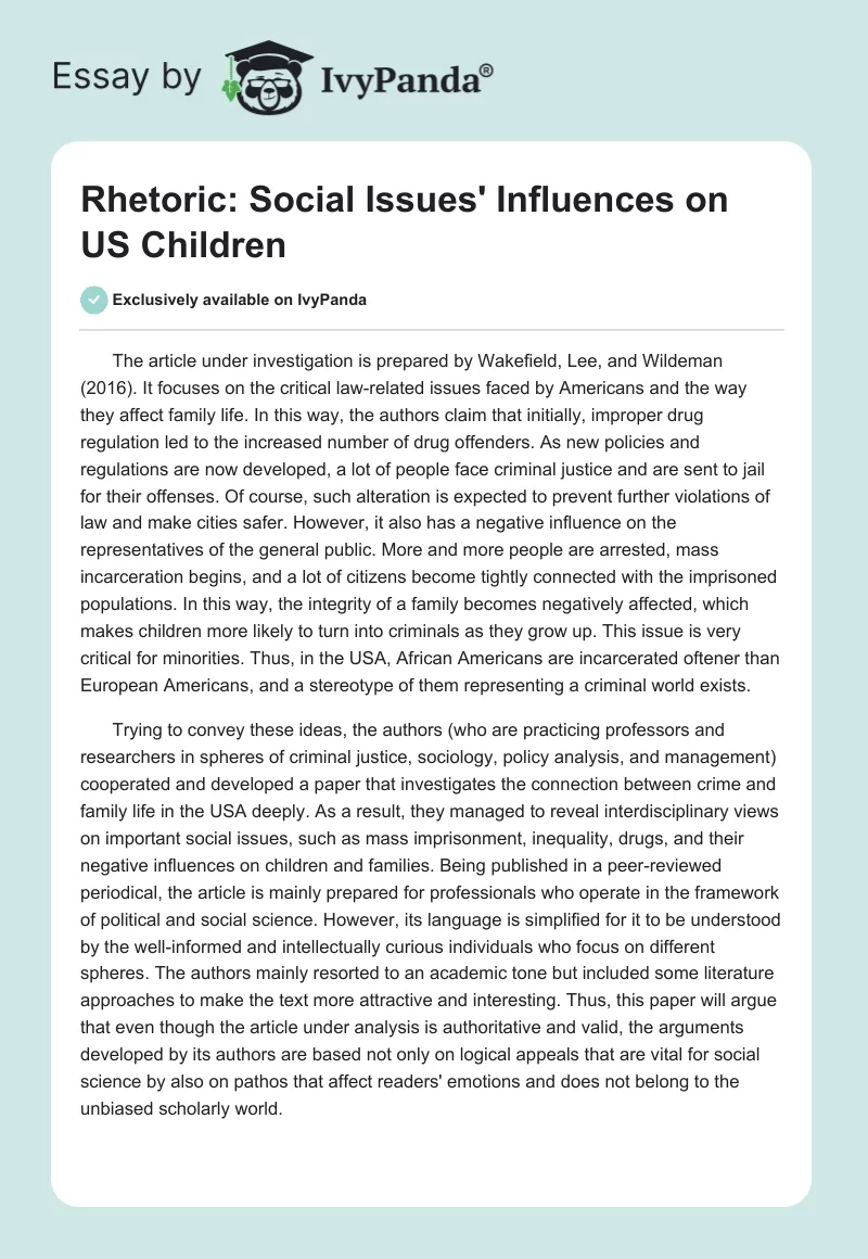 Rhetoric: Social Issues' Influences on US Children. Page 1