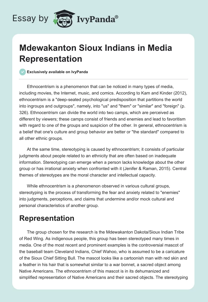 Mdewakanton Sioux Indians in Media Representation. Page 1