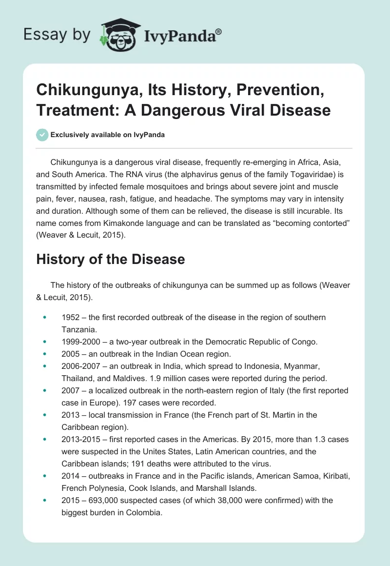 Chikungunya, Its History, Prevention, Treatment: A Dangerous Viral Disease. Page 1