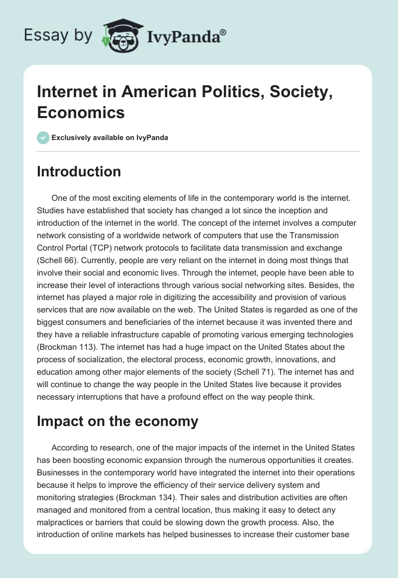Internet in American Politics, Society, Economics. Page 1